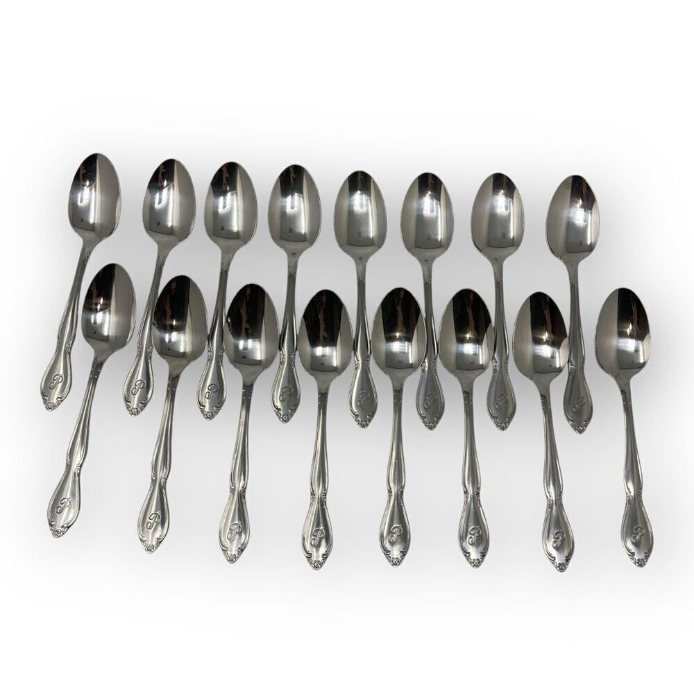 Lot of 16 Custom Craft Stainless Steel Flatware Spoon Spoons Korea Monogram P 6"